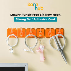 luxury Punch Free Six Row Hook - Strong Self Adhesive Coat - Pack of 2