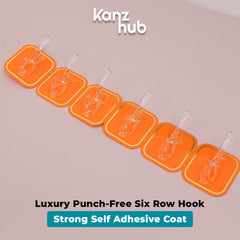 luxury Punch Free Six Row Hook - Strong Self Adhesive Coat - Pack of 2